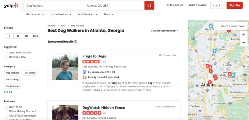 Yelp.com landing page - Best Dog Walkers in Atlanta, Georgia