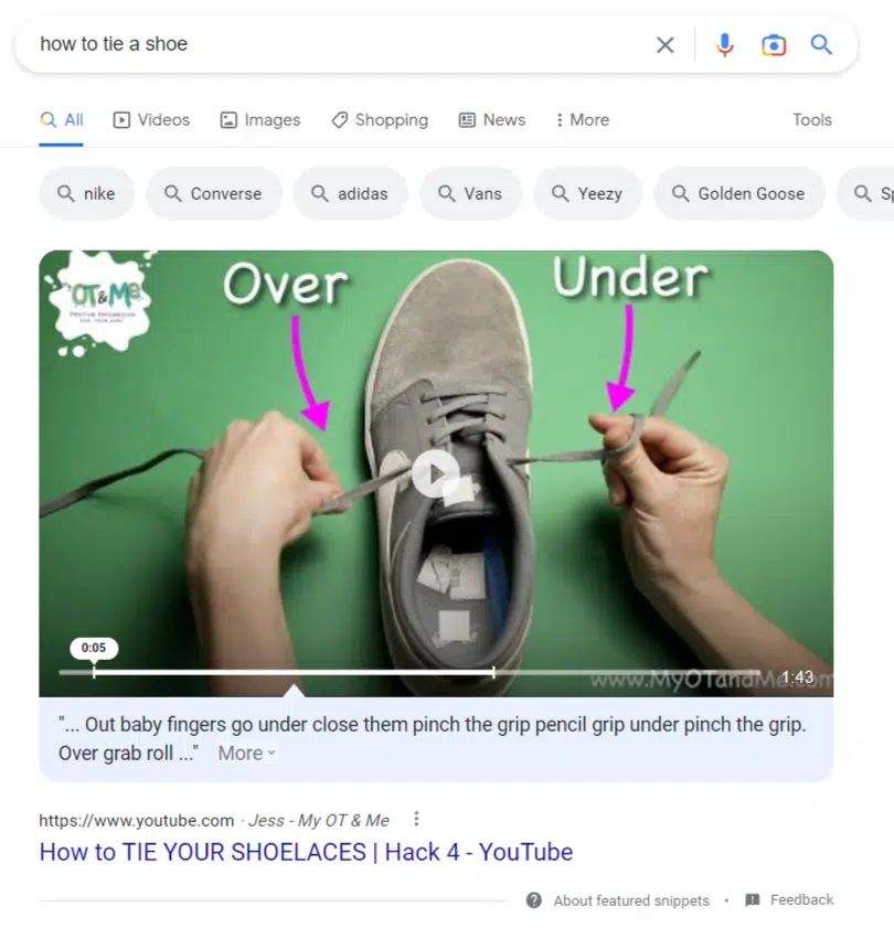"How to tie a shoe" SERPs
