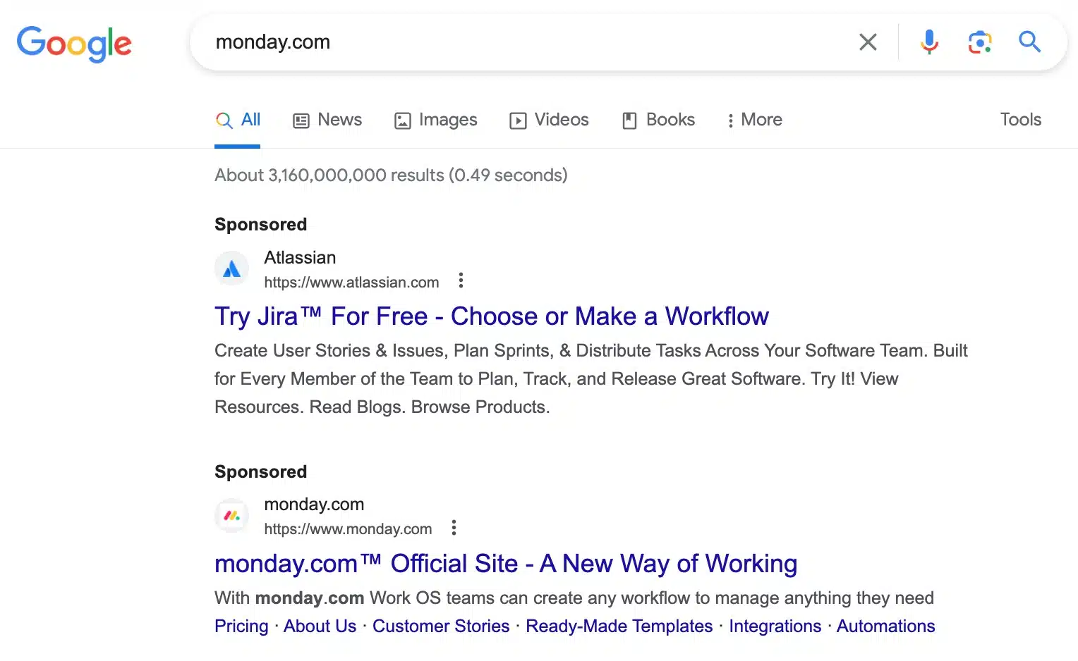 An ad for Jira appearing for a search for Monday.com