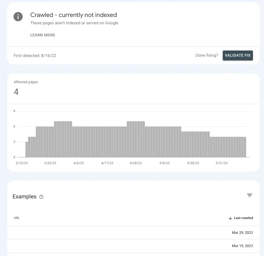 “Crawled - currently not indexed” report in Google Search Console 
