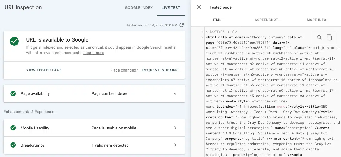 Rendered HTML available to Googlebot generated by the Test Live URL tool 