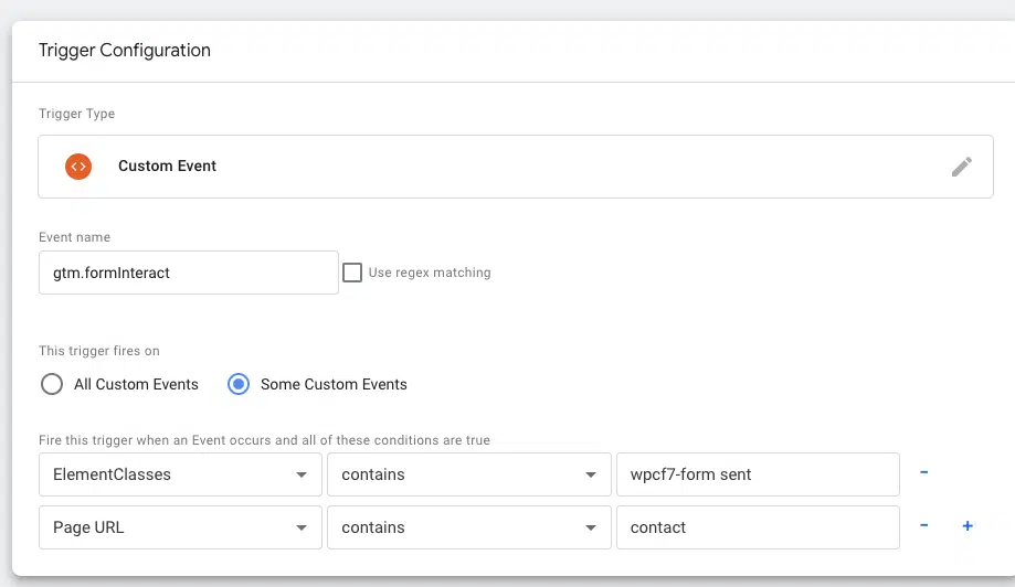 Trigger configuration for a contact page form
